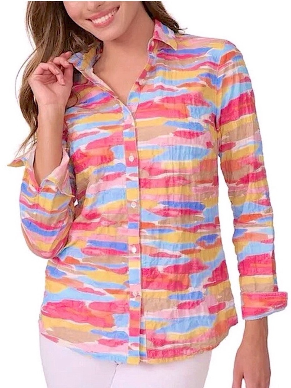 J Mclaughlin Lois Watercolor Stripe Button-Down Shirt in Pink, Blue & Yellow